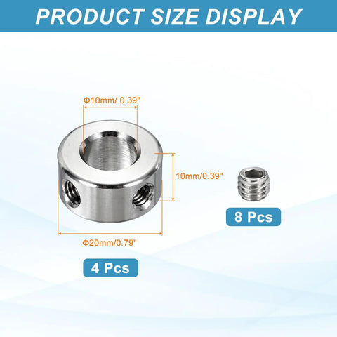 Set Of 4 Stainless Steel Shaft Collars, 10mm Inner Diameter, 20mm Outer Diameter, 10mm Thick, Dual Hole Bore, Clamp Locking Rings