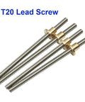 T20 Trapezoidal Lead Screw For 3D Printer 20mm Diameter 4mm Pitch 4mm Lead Stainless Steel Rod With Copper Nut length options shown