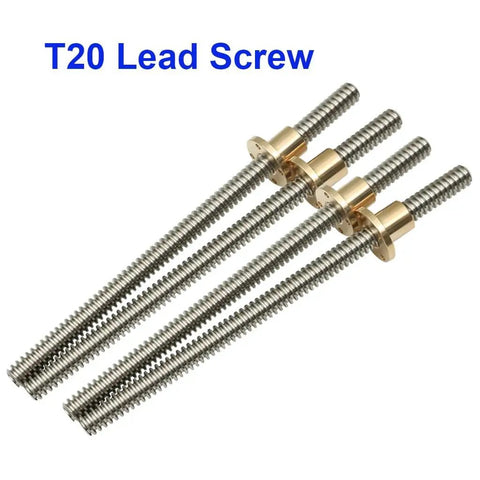 T20 Trapezoidal Lead Screw For 3D Printer 20mm Diameter 4mm Pitch 4mm Lead Stainless Steel Rod With Copper Nut length options shown
