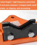 Close-up of Heavy Duty Gantry Pipe Vise with 45-grade steel forged jaws showing V-shaped teeth, designed for pipe, wood, and iron processing.