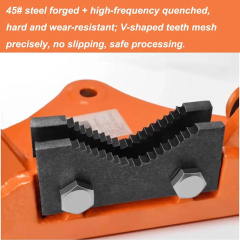 Close-up of Heavy Duty Gantry Pipe Vise with 45-grade steel forged jaws showing V-shaped teeth, designed for pipe, wood, and iron processing.