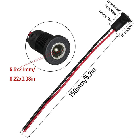 5 Pack DC Power Jack Panel Mount Female Connector 5.5x2.1mm With Waterproof Dustproof Cap Pre Soldered 20AWG Wires 150mm Lead Copper Pin