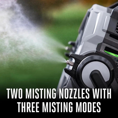 Close-up of Beast 10 Inch Oscillating Misting Fan With 1700 CFM, showing two misting nozzles and three misting modes.