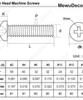Diagram showing dimensions and specifications of Rock Solid 8-32 Pan Head Machine Screws Half Inch Full Thread 304 Stainless Steel Phillips Drive.