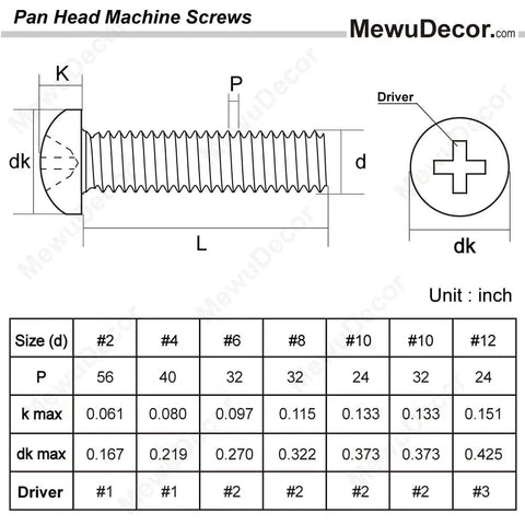 Diagram showing dimensions and specifications of Rock Solid 8-32 Pan Head Machine Screws Half Inch Full Thread 304 Stainless Steel Phillips Drive.