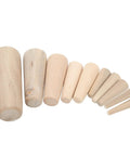 Boater Ready Wooden Conical Bungs Plugs Set Ten Pcs For Thru Hull Emergency Seals Soft Wood Drain Plugs arranged by size on white background