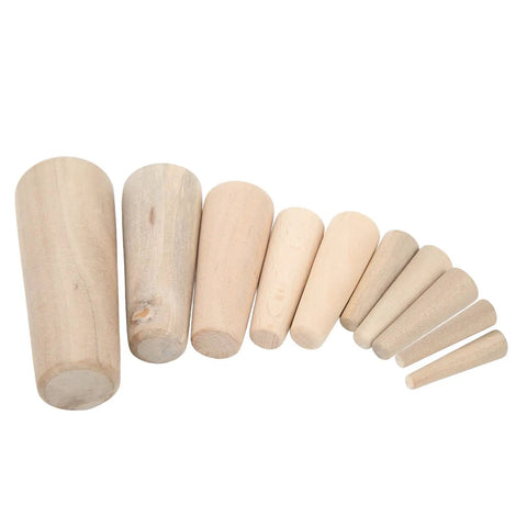 Boater Ready Wooden Conical Bungs Plugs Set Ten Pcs For Thru Hull Emergency Seals Soft Wood Drain Plugs arranged by size on white background