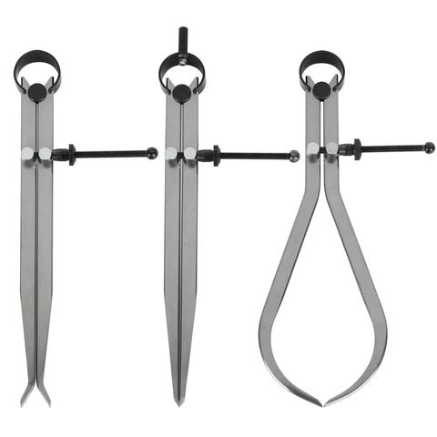 3-piece 8-inch spring caliper/divider set with inside calipers, outside calipers, and curved compass calipers.
