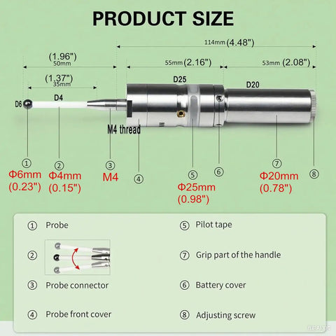 3D Edge Finder With Ceramic Probe For CNC Milling And Lathe Centers, showing product dimensions and components labels.