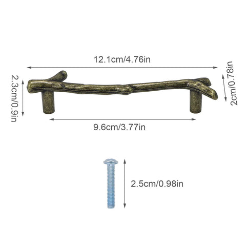 Branch Twig Cabinet Knobs Bronze Zinc Alloy 4 Pcs 96mm Vintage Dresser Drawer Handles shown with dimensions and screw