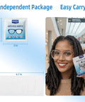 Ageantscom anti-fog wipe packet, 2x2 in, front view beside a shopper holding the glasses wipe box.