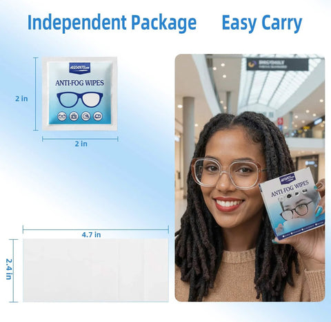 Ageantscom anti-fog wipe packet, 2x2 in, front view beside a shopper holding the glasses wipe box.
