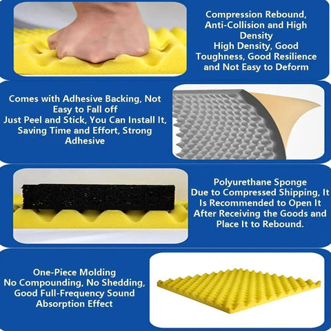 Peel And Stick Soundproofing Foam Roll For Walls Thick Acoustic Dampening Panels Fireproof Noise Blocker Mat For Home Studio Audio Treatment Grey displayed with material description and features.