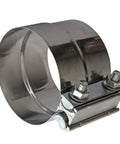 Close-up of 4 Inch Lap Joint Exhaust Band Clamp Set Easy Install Stainless Steel 304 with Zinc Plating, showing bolts and stainless finish.