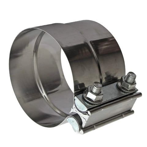 Close-up of 4 Inch Lap Joint Exhaust Band Clamp Set Easy Install Stainless Steel 304 with Zinc Plating, showing bolts and stainless finish.