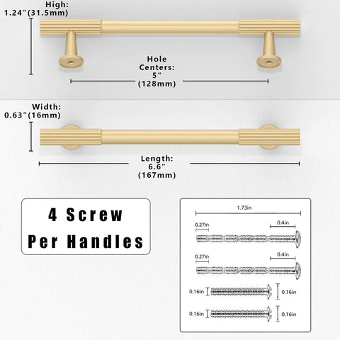 Transform Your Kitchen Vibe With Thirty Pieces Of Five Inch Brushed Gold Cabinet Pulls Built Like A Tank From Pure Zinc Alloy For No Sweat Mounting And Smooth Glide On Every Drawer And Cabinet, showing dimensions and details.