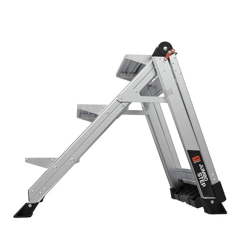 Three Step Foldable Aluminum Step Stool 2.2 Ft Tall With Non Slip Riser, Lightweight Yet Sturdy, Safety Handrail, Top Cap Tray With Phone Holder, Hooks And Tool Ports For Handy Home Or Jobsite Work. folded aluminum step stool side view