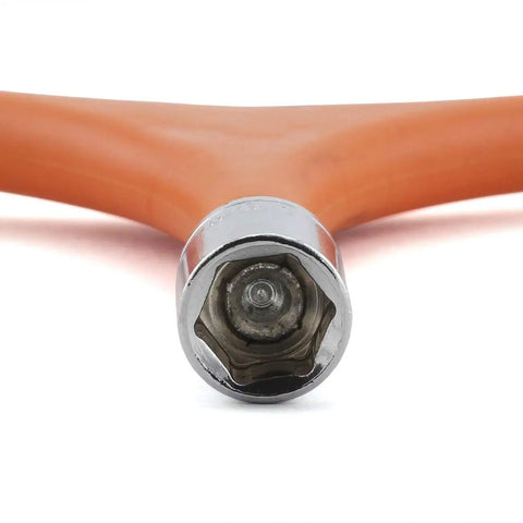 Close-up of Y Shape Bike Hex Socket Wrench On The Go Repair Tool Three Way Allen Wrench Set 8mm 9mm 10mm, orange handle