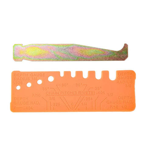 Depth gauge and chain pitch guide from Eleven Piece Universal Chainsaw Sharpener Kit With Four Round File Sizes for sharpening chainsaw blades.