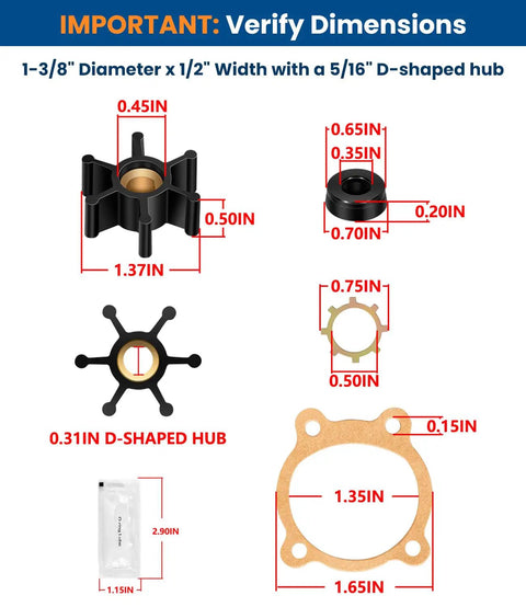 Dimensions of 2-Pack Utility Pump Repair Kit components with XNBR impellers and brass hubs for 1/10 HP and 1/12 HP transfer pumps.