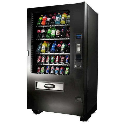 Black vending machine stocked with sodas and beverages, front view