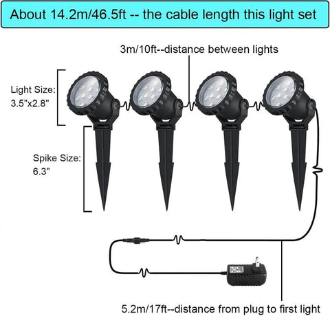 Diagram of 12W Outdoor Spot Lights With Transformer showing dimensions and cable length