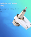 Heavy Duty Automatic Tool Holder Clamp For CNC Machines with silver tool and white ABS plastic body for precise adjustments.
