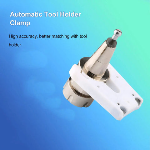 Heavy Duty Automatic Tool Holder Clamp For CNC Machines with silver tool and white ABS plastic body for precise adjustments.