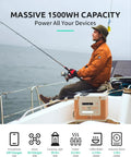 Man fishing on a boat with a 1500Wh Portable Power Station With 1800W Continuous And 3300W Surge, IP67 Solar Generator on deck.