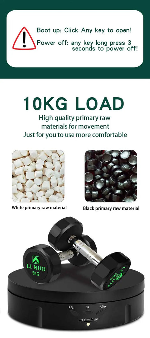 JAYEGT 22lbs Motorized Rotating Turntable Display Stand showcasing 5kg dumbbell and raw materials on smooth black base.