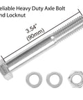 Reliable heavy duty 3.54-inch axle bolt with washers and locknut shown on white background.