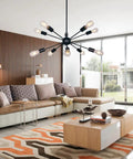 Sputnik Chandelier 10 Light Black Modern Pendant Lighting Industrial Vintage Ceiling Fixture over a cozy living room.