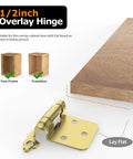 Half Inch Overlay Cabinet Hinges, brass gold finish, self-closing flush mount, for bathroom, kitchen cabinets, furniture projects