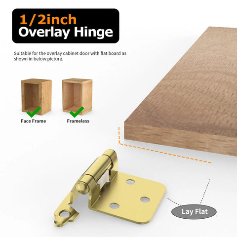 Heavy Duty 1/2 Inch Overlay Cabinet Hinges 50 Pack Self Closing With Nifty Rubber Buffer Pads Top Tier Brass Gold Hardware For Kitchen Cabinets Bathrooms And Furniture Fix Ups Smooth Glide Action Hassle Free Setup close up image of gold overlay hinge suitable for flat board cabinet doors.