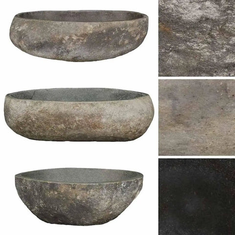 HKPWRBFG River Stone Sink Oval Wash Basin Bathroom Countertop Vessel, showcasing three angles highlighting natural stone texture.