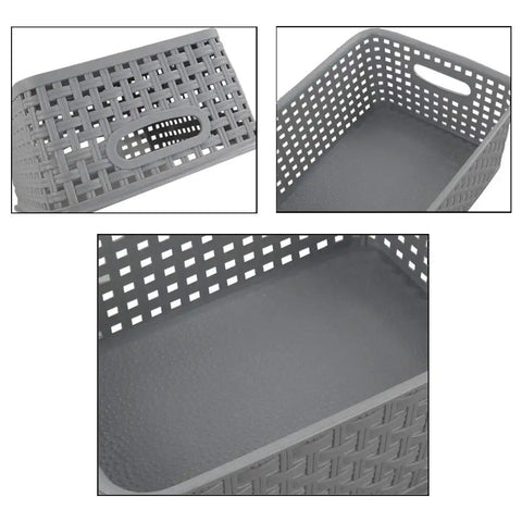 Pack Of Six Gray Plastic Storage Baskets, Durable Stackable Organizer Bins, 10.03 In By 7.59 In By 4.09 In, close-up details