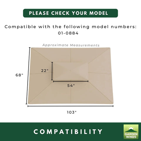 Beige RipLock 350 Replacement Canopy Top Cover for Debora Gazebo Swing Model 01-0884 with measurements and compatibility chart.
