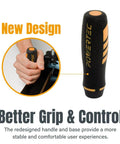 Close-up of a redesigned black and orange power drill handle held by a hand, emphasizing better grip and control.