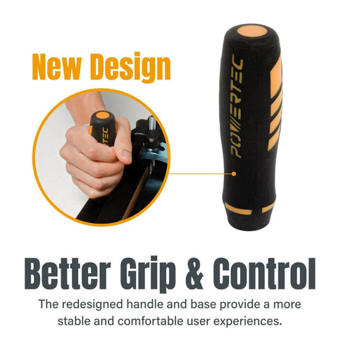 Close-up of a redesigned black and orange power drill handle held by a hand, emphasizing better grip and control.