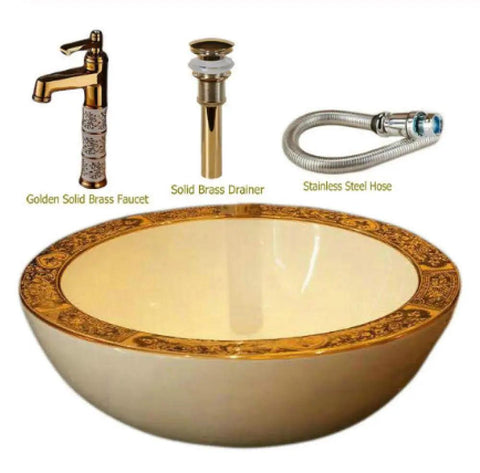 USZWBY Bathroom Vessel Sink, Basin Sink Golden Edge Artistic Porcelain Countertop Thick Wall round sink with brass faucet and drainer.