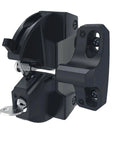 Hassle Free Outdoor Gate Latch That Locks On One Side For Square Frame Posts Across Metal Wood Vinyl Fences With No Sweat Install And Rock Solid Security In Black Finish, side view of latch with keyhole.