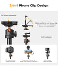 62 Inch Phone Selfie Stick Tripod With 2 In 1 Extendable Pole Bluetooth Remote And 360 Degree Ball Head features 2-in-1 phone clip design.