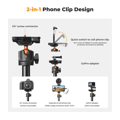 62 Inch Phone Selfie Stick Tripod With 2 In 1 Extendable Pole Bluetooth Remote And 360 Degree Ball Head features 2-in-1 phone clip design.