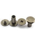 Heavy Duty Pro Grade 50 Piece Chicago Screw Set 5 X 10mm Black Binding Fasteners With Phillips Drive for bookbinding, showing metal screws with heads.