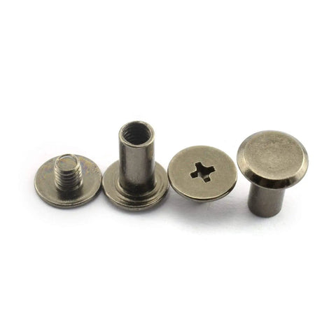 Heavy Duty Pro Grade 50 Piece Chicago Screw Set 5 X 10mm Black Binding Fasteners With Phillips Drive for bookbinding, showing metal screws with heads.