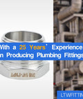 Stainless Steel 316 Hex Bushing Reducer Fittings One Inch Male To Quarter Inch Female NPT front view with plumbing background.
