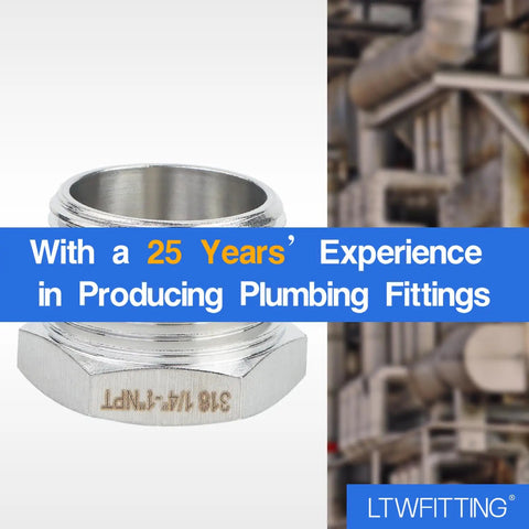 Stainless Steel 316 Hex Bushing Reducer Fittings One Inch Male To Quarter Inch Female NPT front view with plumbing background.