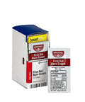 Front view of First Aid Only burn cream packets in white box with blue lid; shows 10 packets.