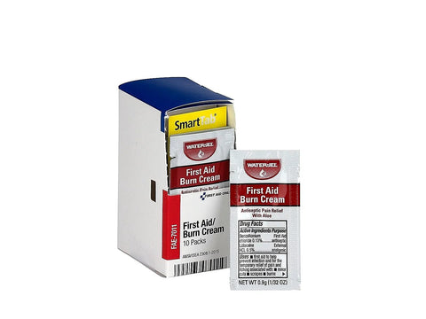 Front view of First Aid Only burn cream packets in white box with blue lid; shows 10 packets.