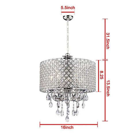 Chrome Finish 4 Light Round Drum Crystal Chandelier With Adjustable Cable Up To 80cm, ceiling fixture, clear crystal accents